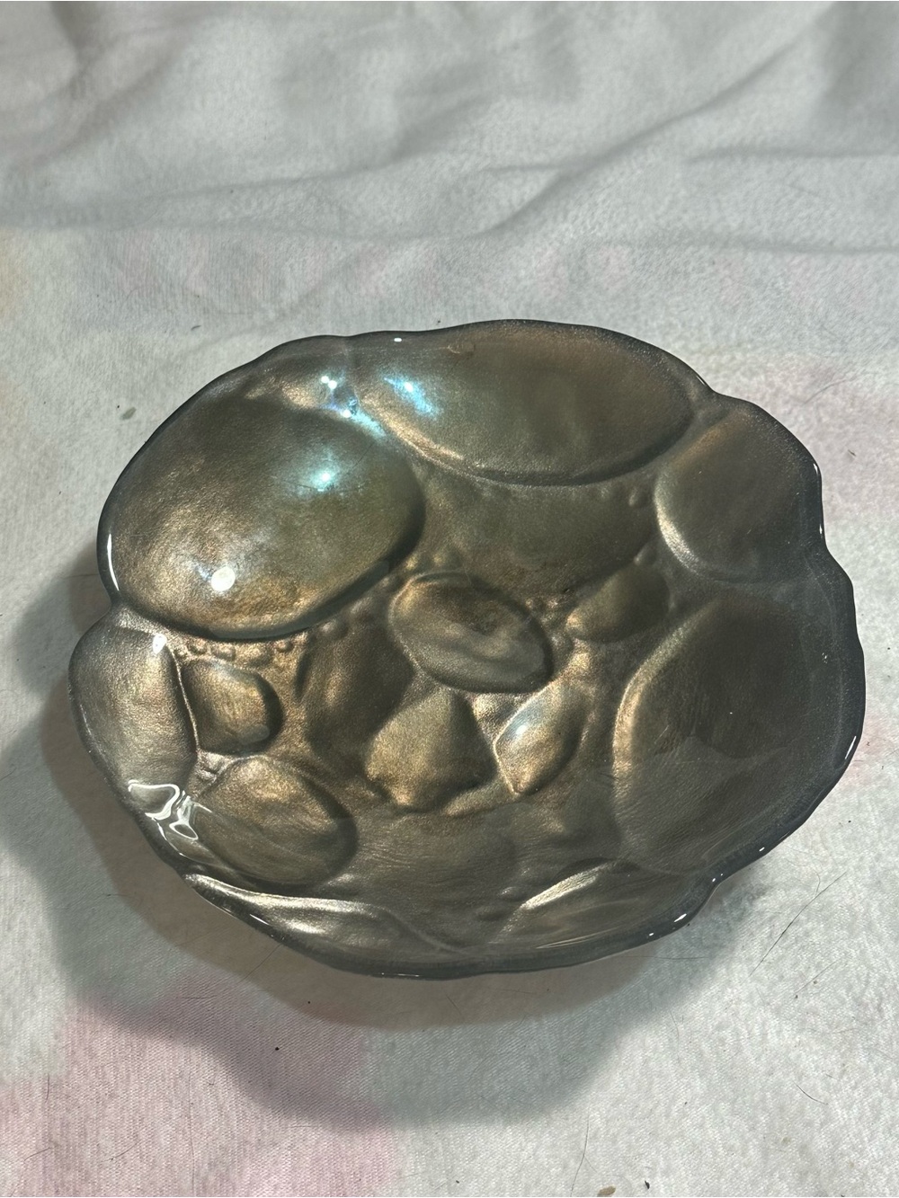 Smoky Metallic River Rock Pebble Art Glass Bowl 8” Sculptural Decor